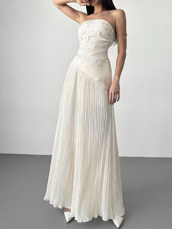 Dresses & Skirts - Apricot Elegant Women's Embroidered Fabric Asymmetric  Pleated A-Line Dress